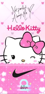 Hello Kitty with pink hearts and bow on wallpaper.