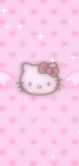 Pink kitty wallpaper with hearts and wings design.