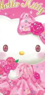 Cute Hello Kitty pink wallpaper with floral accents.