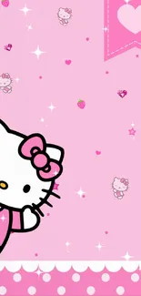 Hello Kitty on pink background with hearts and strawberries.