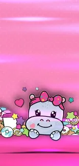 Cute hippo with candies on a pink background wallpaper.