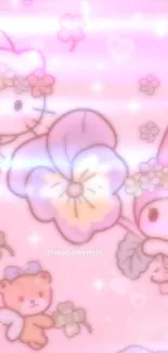 Kawaii pink wallpaper with adorable cartoon characters and flowers.