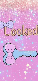 Pink wallpaper with a decorative blue key and stars.