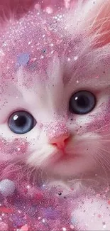 Fluffy kitten with pink sparkling glitter background.