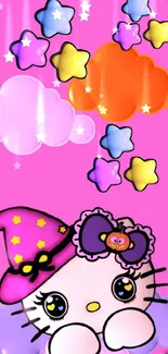 Cute pink wallpaper with kitty, stars, and clouds.