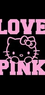 Cute pink kitty on black wallpaper with Love Pink text.