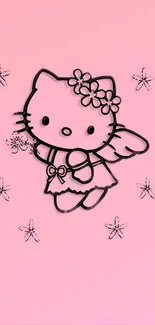 Cute pink kitty with flowers and wings on pink background.