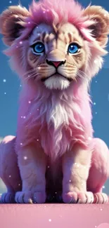 Adorable pink lion cub with vibrant eyes sitting against a blue sky.