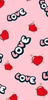 Cute pink wallpaper with red hearts and 'love' text pattern.