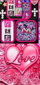 Pink love-themed wallpaper with cartoon characters and hearts.