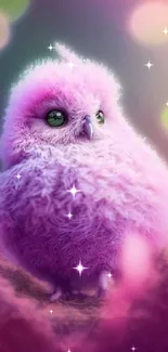 Cute pink owl in a fantasy setting with dreamy, vivid colors.