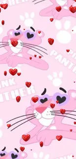 Pink Panther phone wallpaper with hearts.