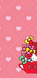 Hello Kitty with bows on pink heart-patterned background.