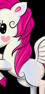 Cute pink Pegasus with white wings on black background.