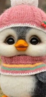 Cute penguin with pink hat and scarf.