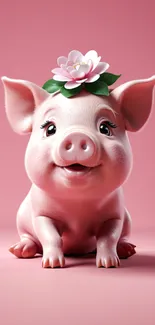 Cute pink piglet with flower on pink background.