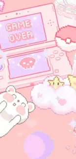 Cute pink pixel art wallpaper with game elements.