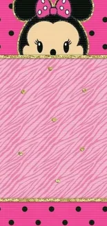 Cute cartoon character on pink polka dot wallpaper.