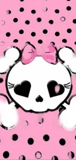 Cute pink skull wallpaper with heart eyes and bow.