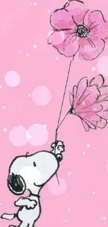 Snoopy holding flowers on pink background with motivational quote.