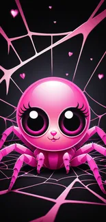 Adorable pink spider on web with big eyes and hearts, perfect for mobile wallpaper.