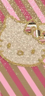 Hello Kitty pink and brown striped wallpaper with glittery bow.