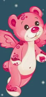 Adorable pink teddy bear with wings on a starry background.