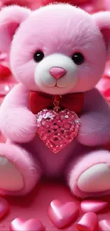 Pink teddy bear with heart decoration