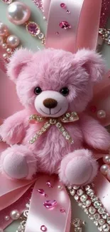 Pink teddy bear with jewels and ribbons