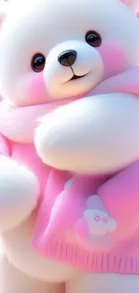 Cute teddy bear with pink scarf in warm hues.