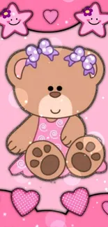 Pink teddy bear with bows on a cute mobile wallpaper background.