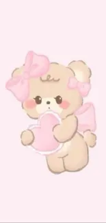 Cute pink teddy bear holding a heart on a light background.