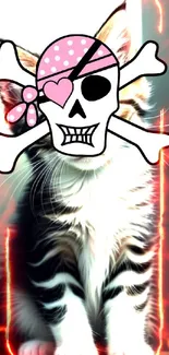 Cute kitten with playful skull mask in vibrant pirate theme.