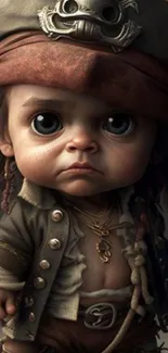 Adorable pirate kid with large eyes in digital artwork, perfect for mobile wallpaper.