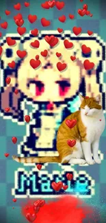 Cute pixel art cat with red hearts on teal background.