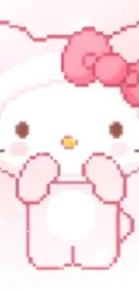 Pixel art cat with a pink bow on a soft pink background.