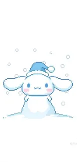 Pixel art snowman with blue hat and rosy cheeks on white background.