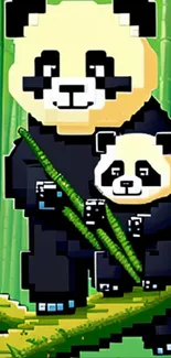 Pixel art of a panda family in a bamboo forest on a green background.