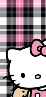 Cute Hello Kitty with pink plaid background wallpaper.