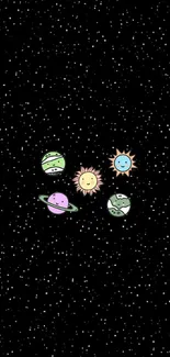 Cute cartoon planets on a starry black background.