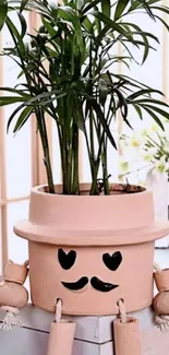 Cute plant pot with smiling face and green foliage.