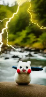 Cute plush character in forest with lightning bolt.