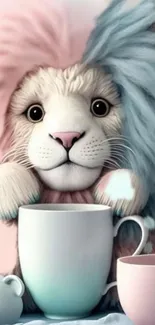 Adorable pastel plush lion with cups.