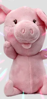 Plush pink pig with colorful sparkles on gray background.