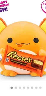 Colorful Snackles plush toy holding Reese's candy bar.