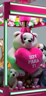 Claw machine filled with plush toys and a big teddy bear.