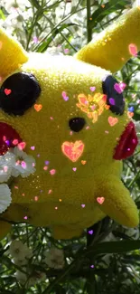 Cute yellow plush toy in garden with white flowers.