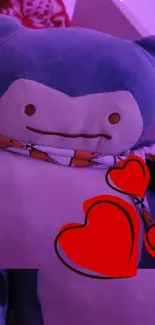 Cute plush toy with red hearts on a purple background.