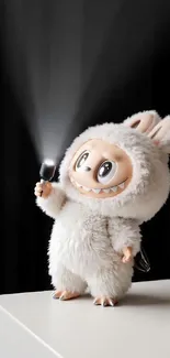 Plush toy in furry costume holding a flashlight.
