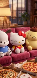 Adorable plush toys sit on a colorful sofa enjoying pizza in a cozy room.